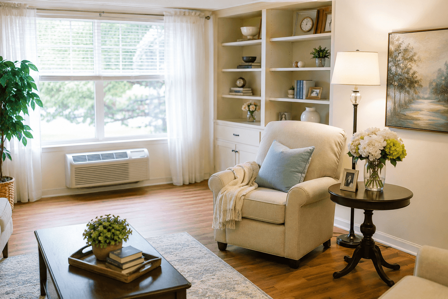 Bright, freshly cleaned senior apartment living room at The Landings of Prescott Valley