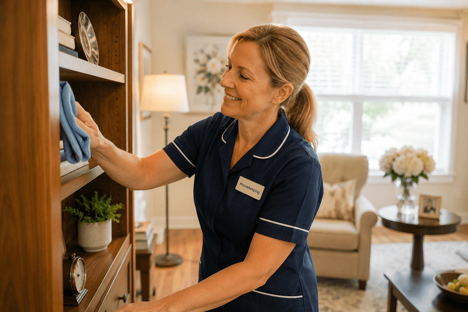 Housekeeping staff member dusting shelves in a resident's apartment