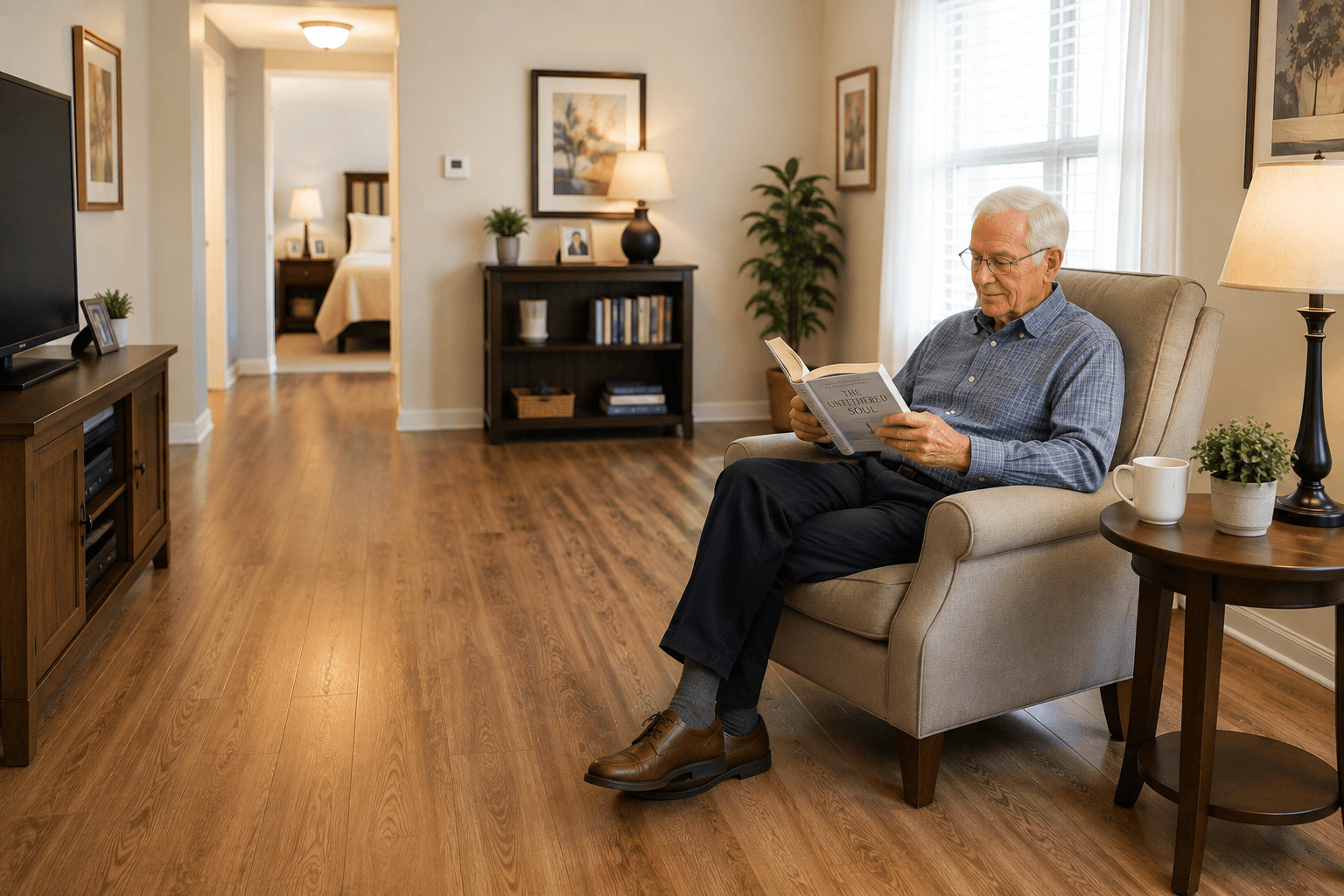 Senior resident relaxing in a clutter-free apartment with clear, safe walkways