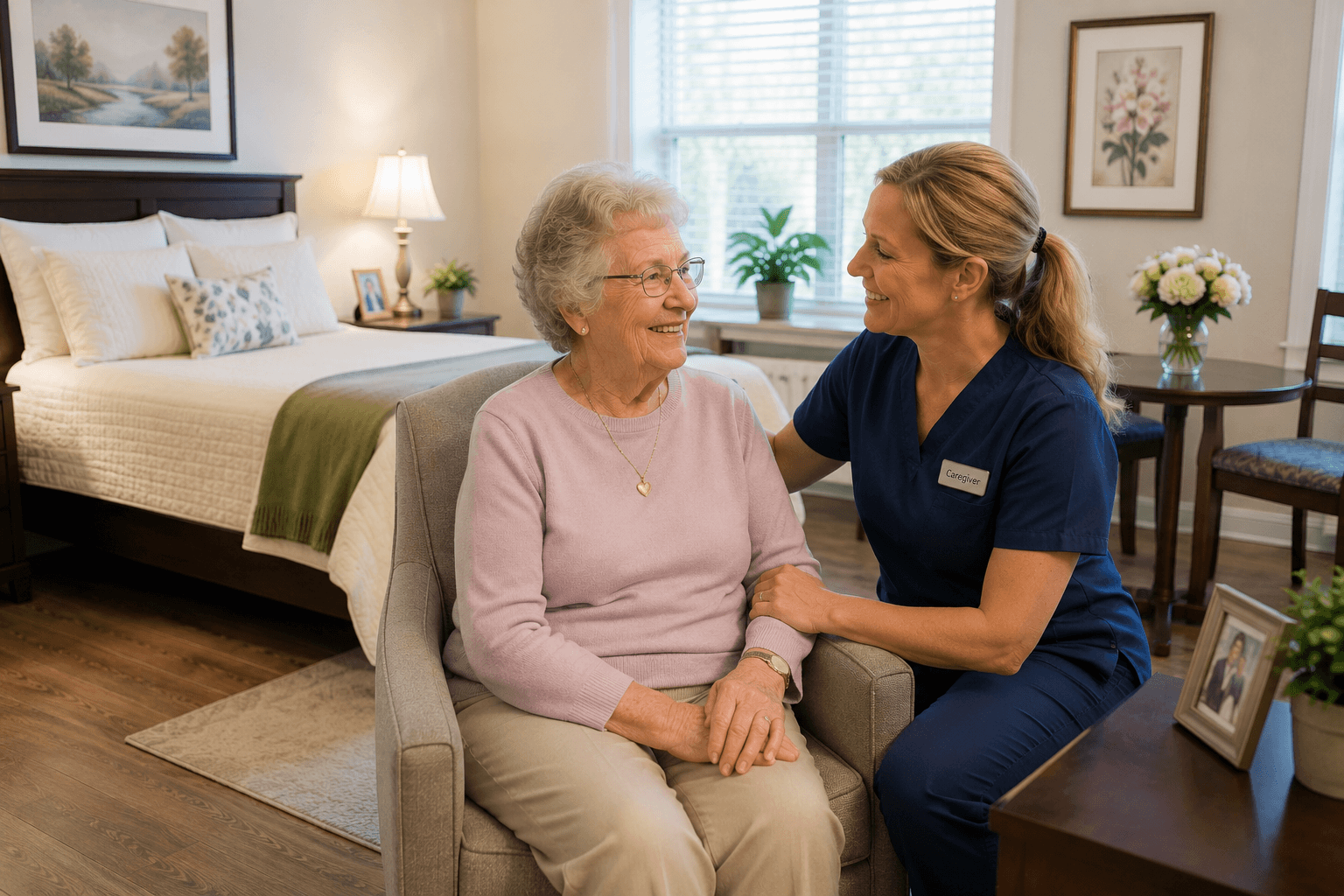 Caregiver and senior resident talking together in a tidy assisted living apartment