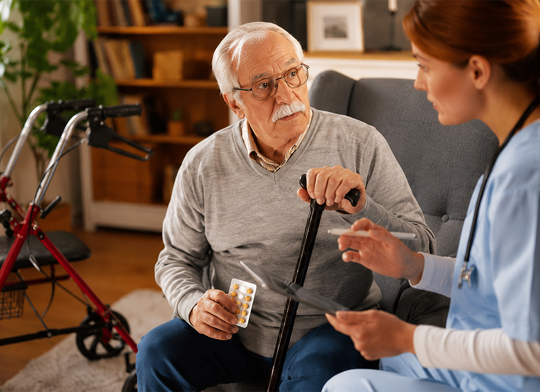 Caregiver assisting a senior man holding medication while seated with his cane and walker