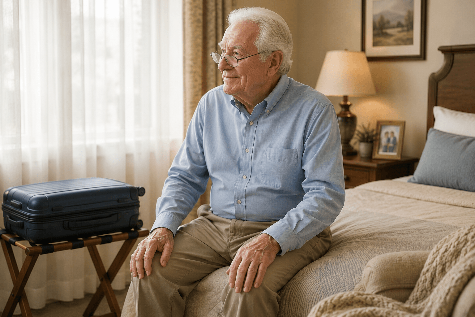 Older man settling into a furnished short-term suite with a packed suitcase nearby