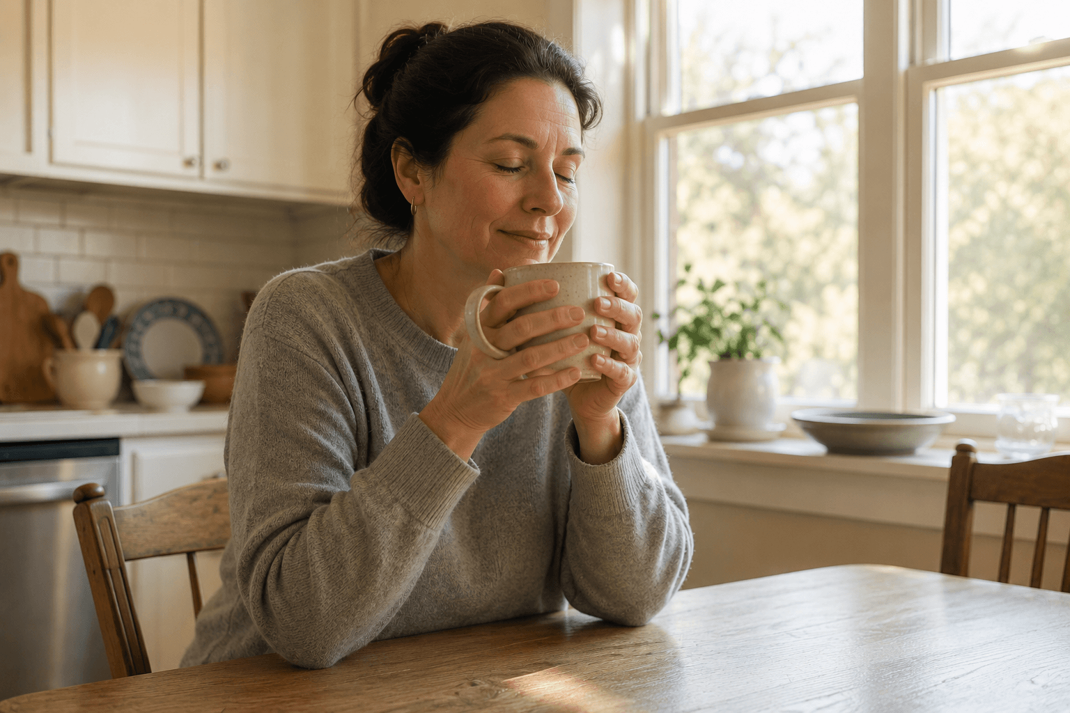 Adult daughter resting with a cup of tea at her kitchen table after a long week