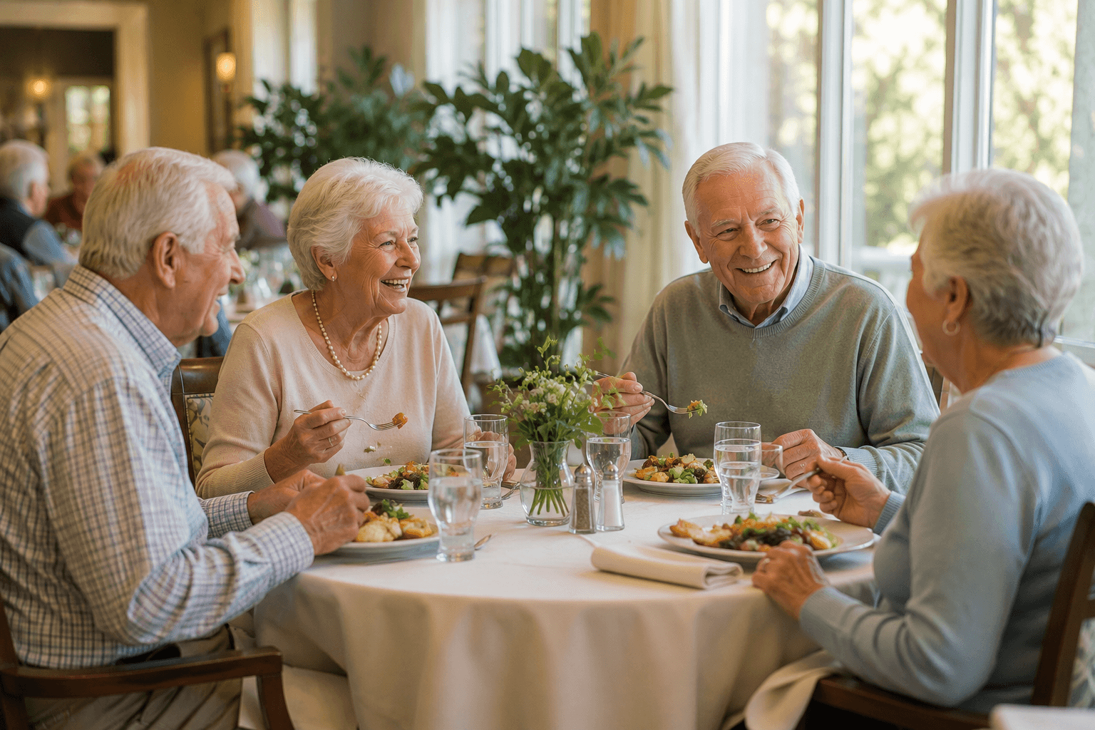 Seniors sharing a plated meal together at a bright community dining table