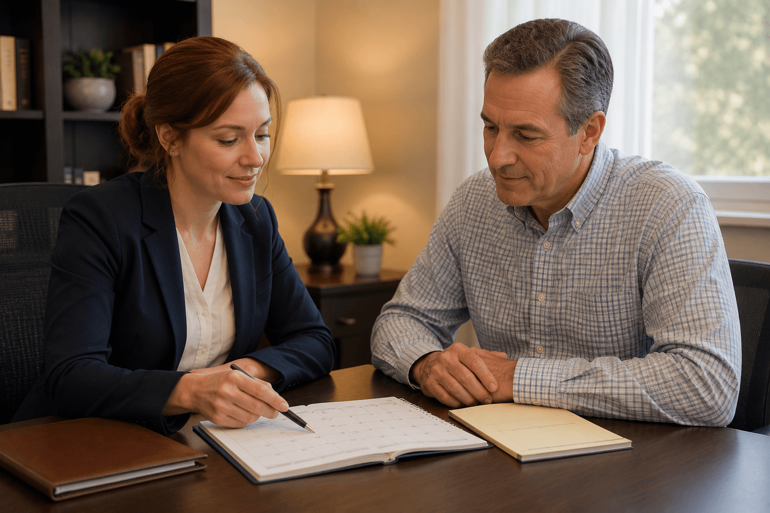 Staff member reviewing a calendar with a family member in a quiet office